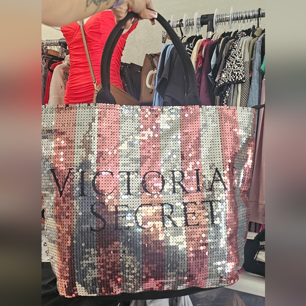 Victoria's Secret Pink and Silver Sequin Stripe Tote